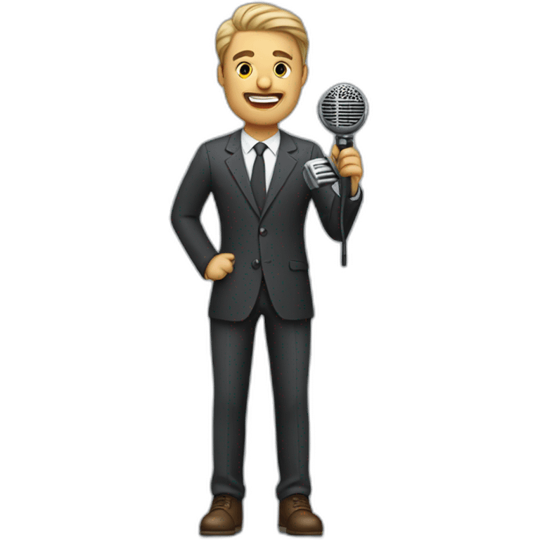 white journalist standing confidently while holding a microphone. The journalist should be in professional attire emoji