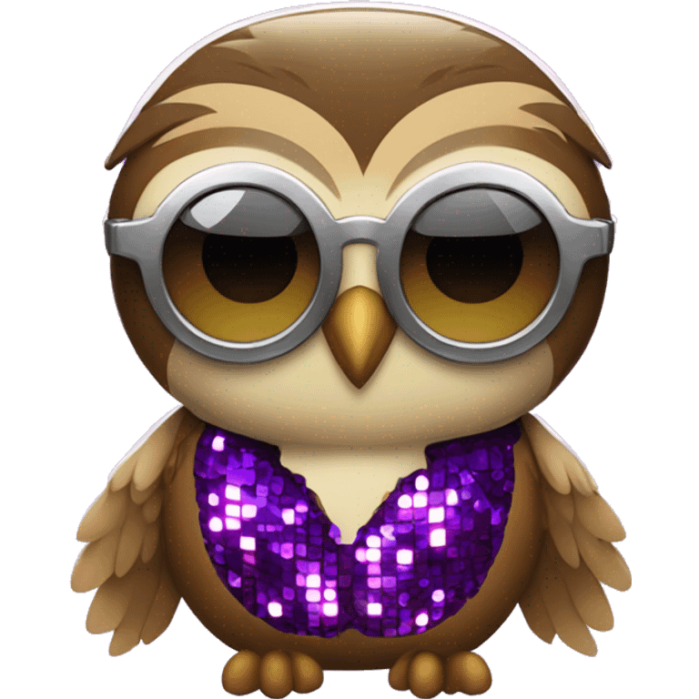 a rowlet brown owl emoji with sunglasses and a purple sequence disco outfit on emoji