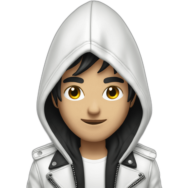 Punk male with hood wear white leather jacket with dark hair emoji