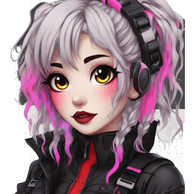 Gorgeous bright colorful neon gothic techwear anime style lady with blushing face aesthetic and pretty edgy black red punk messy wild cute hair with collar and harness trending style emoji