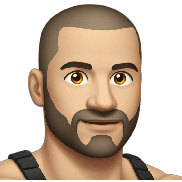 Russian muscular man aged 30 wearing gold chain with black buzz cut hair and short beard emoji