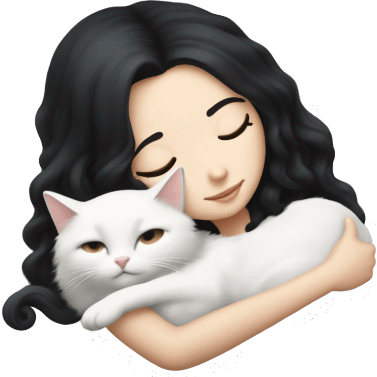 A pretty white girl with very long black hair and sleeping curled up to a white cat  emoji