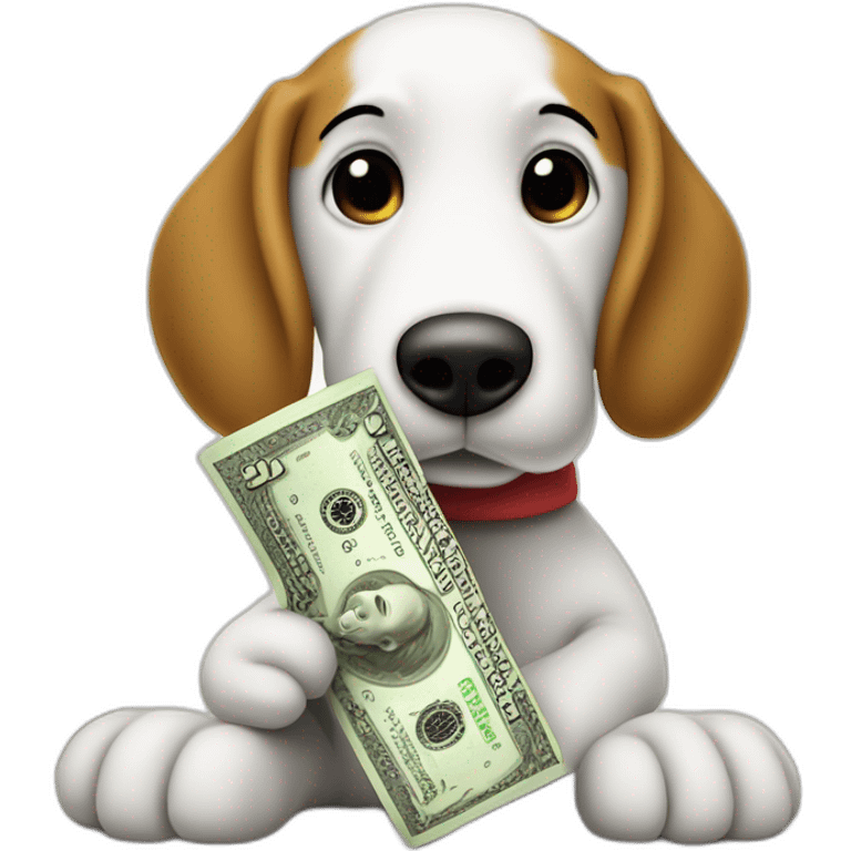 Rolled up single dollar bill, held by snoopy in his hand against his snout sniffing a pile of sugar emoji