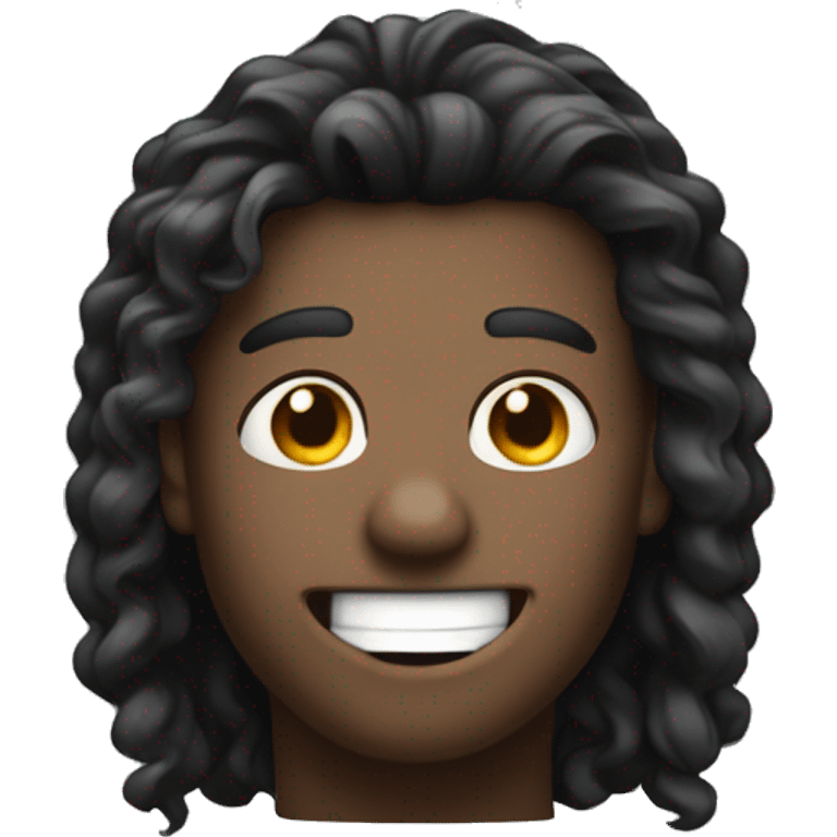 black curtains hair style,  very wide apart eyes, two big front teeth, big smile, white male emoji