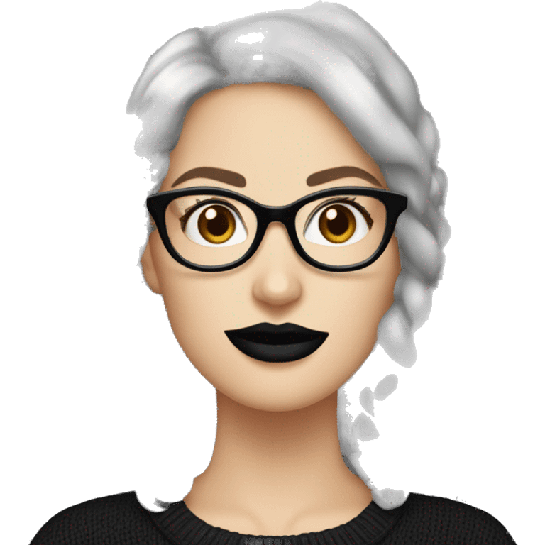 Attractive Caucasian woman with long grey wearing wire frame glasses and black lipstick; black sweater, she has a slightly upturned French nose emoji