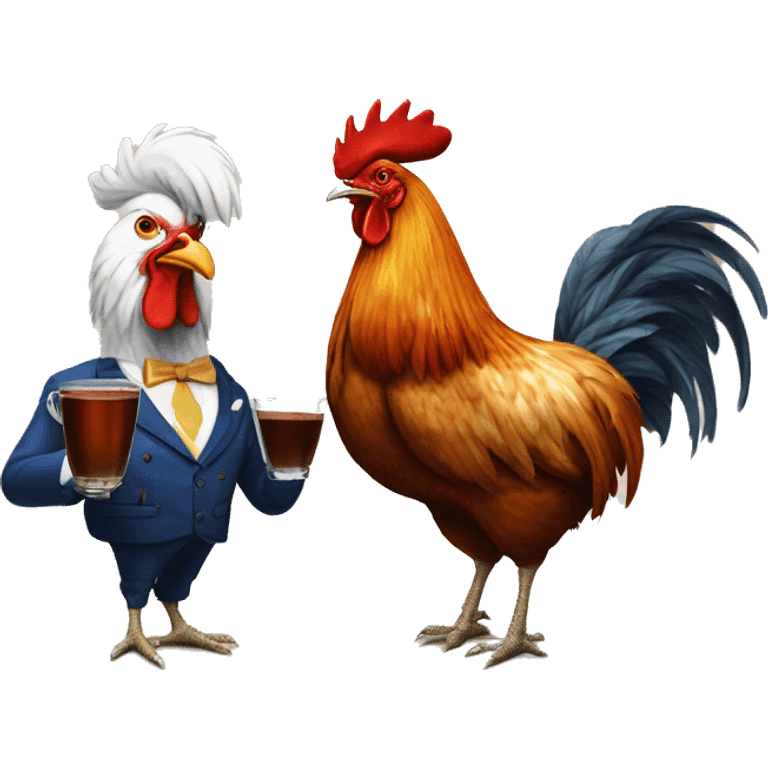 rooster and hen drink tea like aristocrats emoji