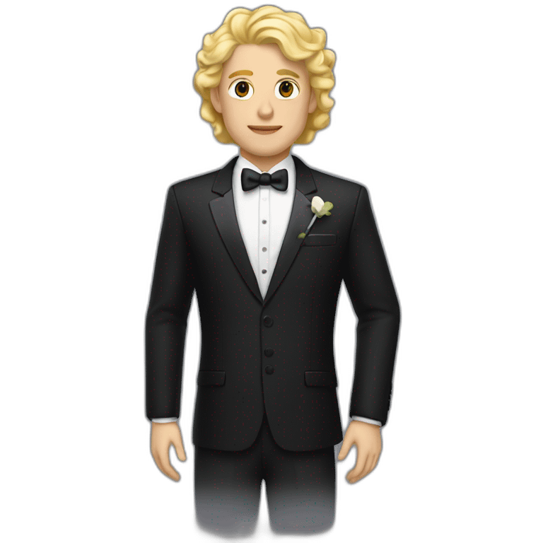 An elegant couple the woman has blonde hair and is in a black dress the man has black curly hair and is in a black suit emoji