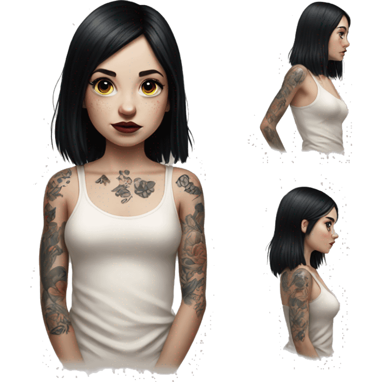 Hyperrealistic Pale girl with black hair arm tattoos emoji