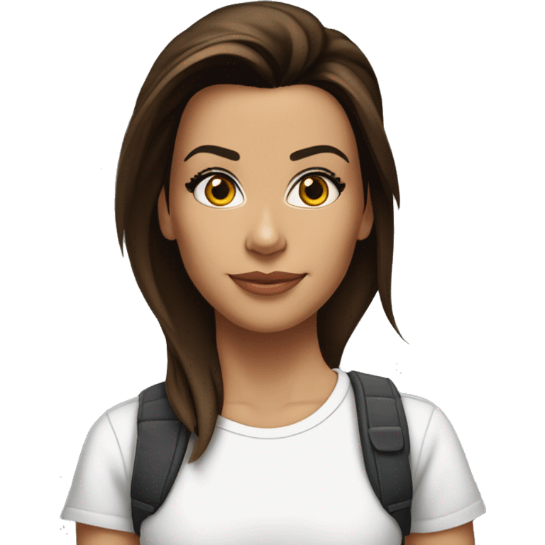 3/4 face, contrasted, shadow, light, Eva Longoria expression, standing from a distance, thin nose, brunette woman, hazel eyes, long eyelashes, dark shoulder shaded hair, white t-shirt, jeans, white sneakers emoji