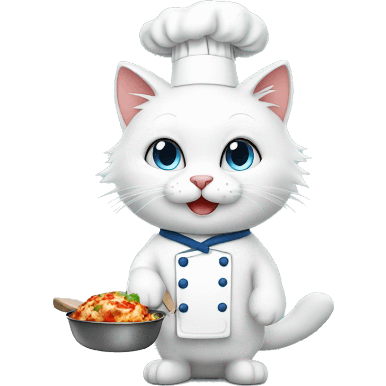 a cute white fluffy cat that is a chef and cooks dinner emoji