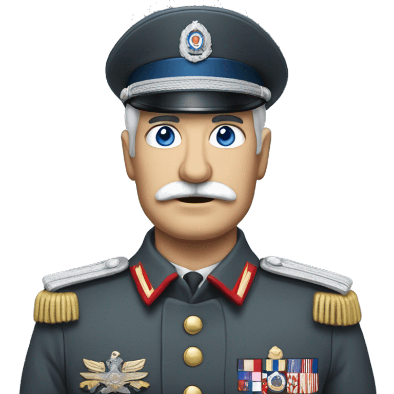 an old military general with grey military chilean uniform, grey military hat, white moustache, blue eyes emoji