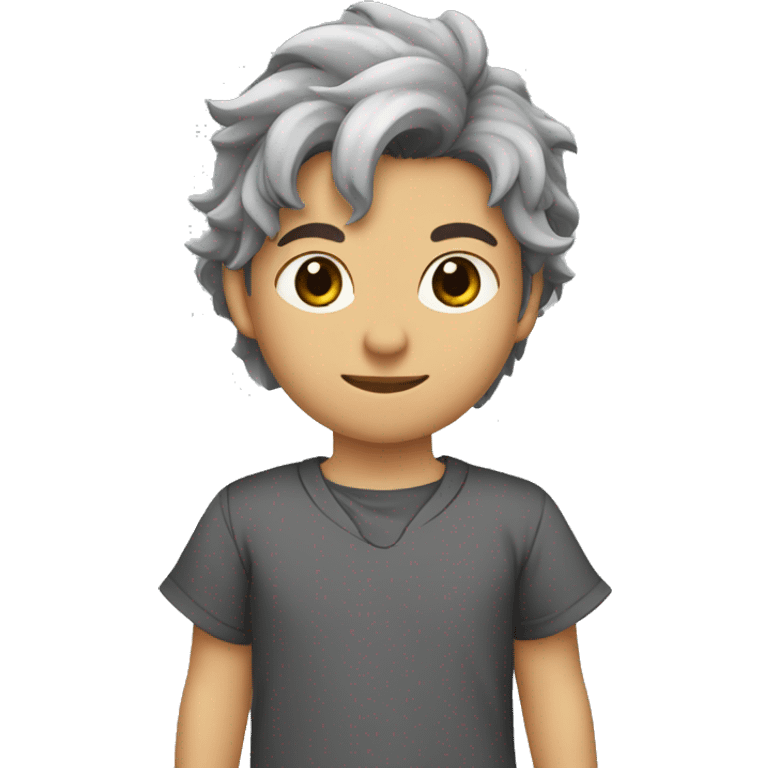 Chico de ojos marrones, con pelo gris, y vestido con pijama de dragón de color negro  emoji