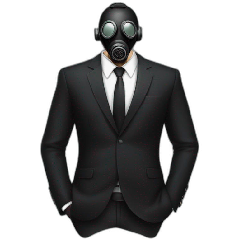 Poker face man, black hair and black gas mask on and black pant suit emoji