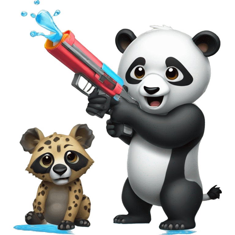 A Panda shooting a Hyena with a water gun emoji