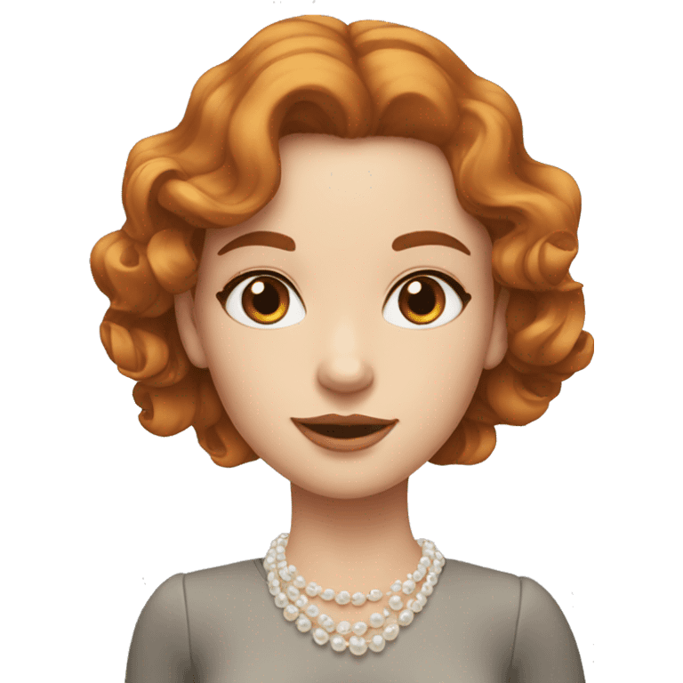 Readhead girl with wavy hair and grey eyes, with pearl earrings and classic style  emoji