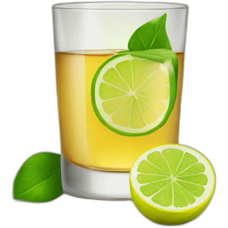 A single wiskey glass with a single slice of green lemon piece on it emoji