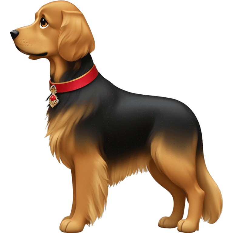 mujer morena de pelo largo y liso color castaño oscuro y un perro golden retriver negro con collar rojo de broche emoji