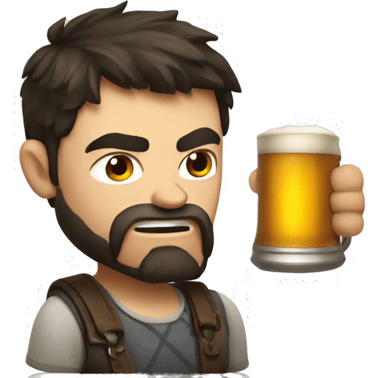 Young angry Russian guy with dark hair and beard holding a mug of beer  emoji