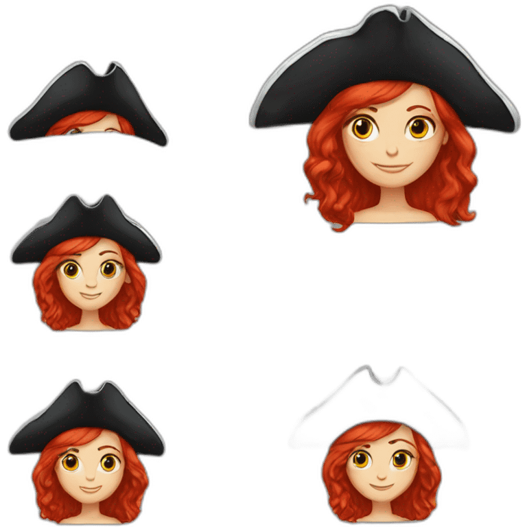 Woman long red hair. Sh pirate hat, skull and crossbones t shirt emoji