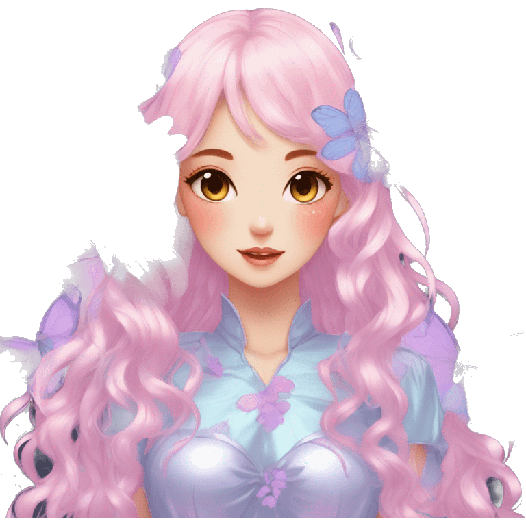 gorgeous shiny blushing anime pastel lady with butterflies and beautiful hair fairycore high quality detailed vogue trending aesthetic emoji