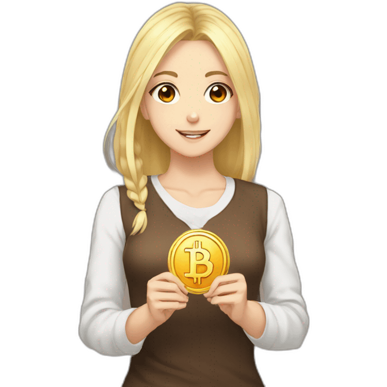 blonde brown eyes anime girl with bitcoin in hands emoji