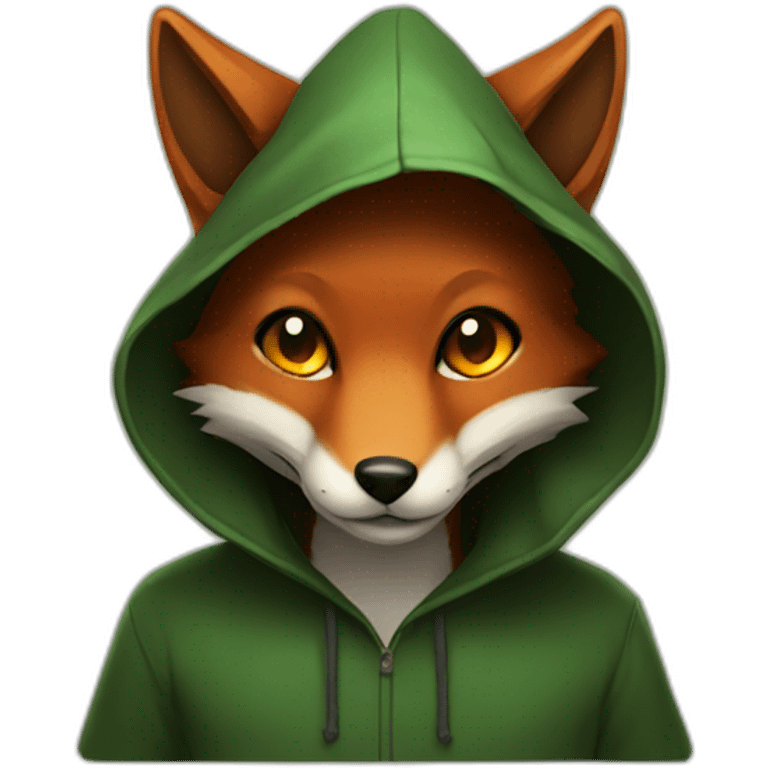 small dark brown fox with orange eyes and a dark green hood that smile emoji