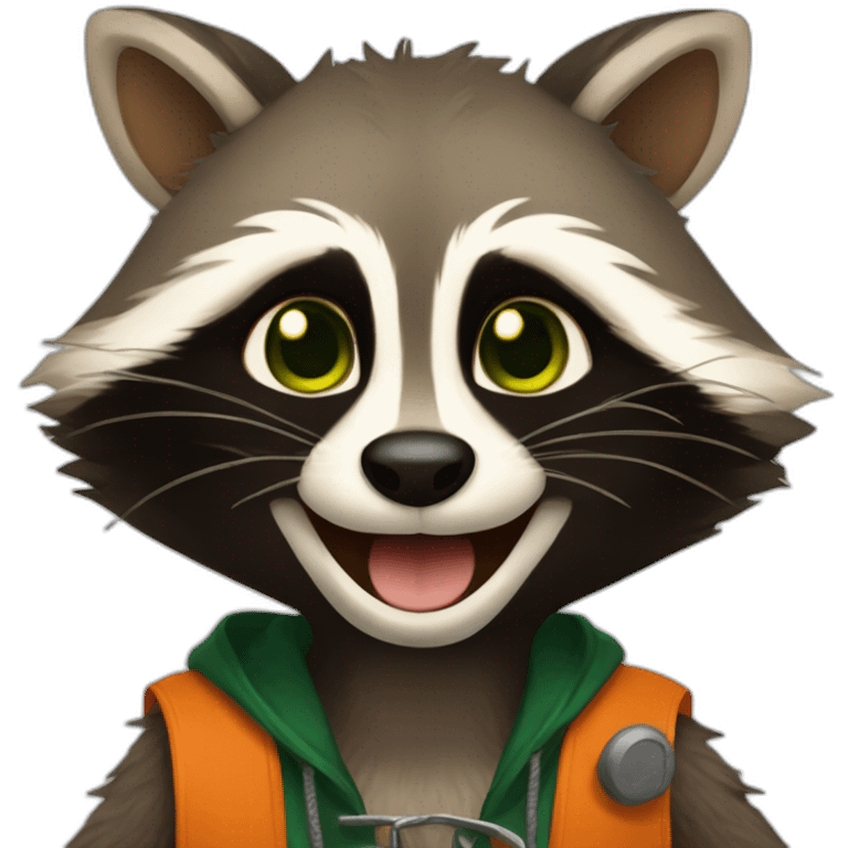 brown raccoon with orange eyes and a dark green hood that is laughing emoji