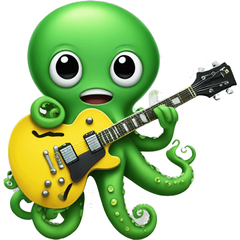 A cute green octopus holding a "les paul" yellow guitar and playing hard rock emoji