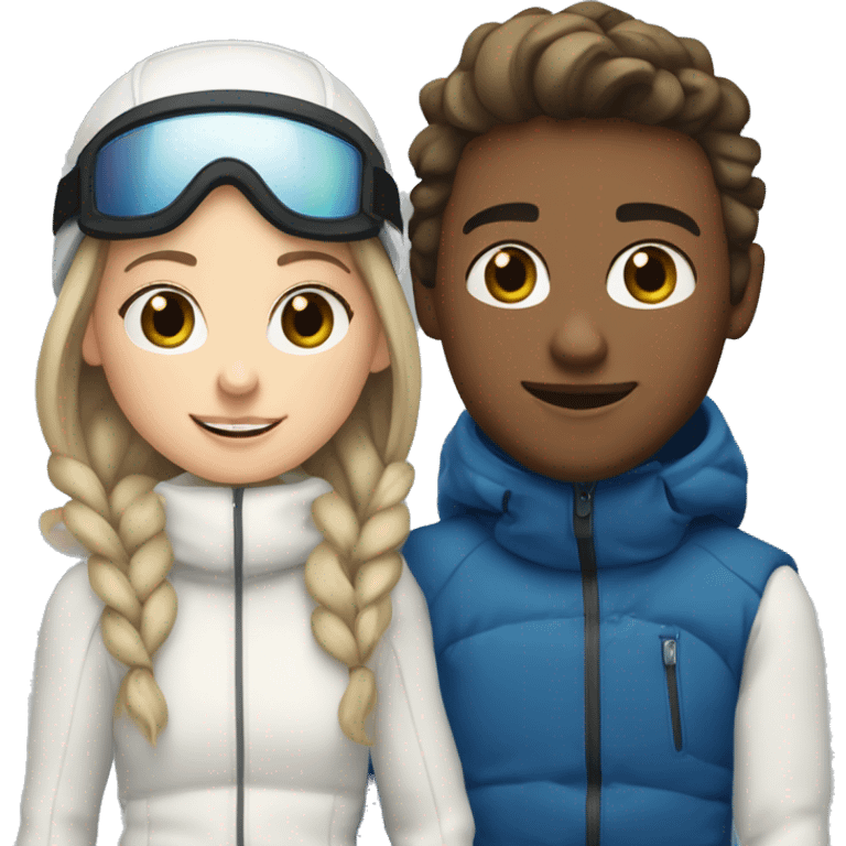 White brunette boy and white brunette girl skiing together in love (just them two) emoji