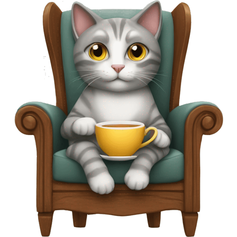 cat drinking tea looking at camera sitting in a chair emoji