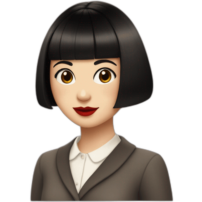 only 1 girl who looks like amelie poulain, short bob cut with bangs, black hair, brown eyes, cherry red lips, white skin, dark academia aesthetic kind of clothing emoji