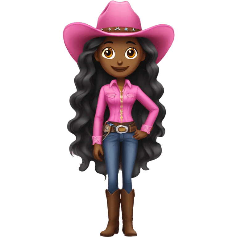 Pretty black cowgirl woman long hair pink cowgirl hat emoji