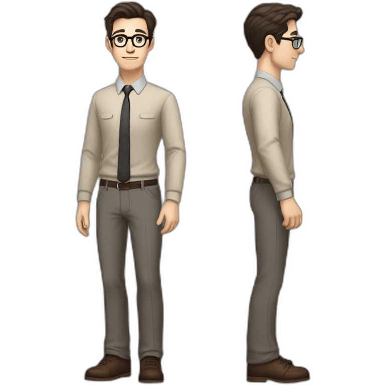 Full height Pale skinned Fit Man With dark brown hair in gray jacket, beige office shirt, tie, Brown pants and vintage glasses. Thrumbs of his palms directed up emoji