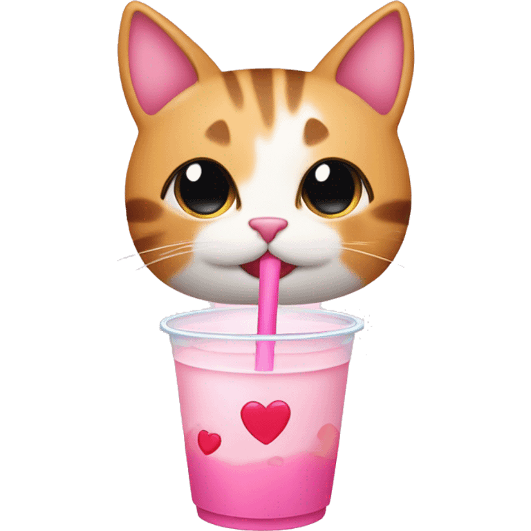 Cute cat drinking bubble tea with pink hearts emoji