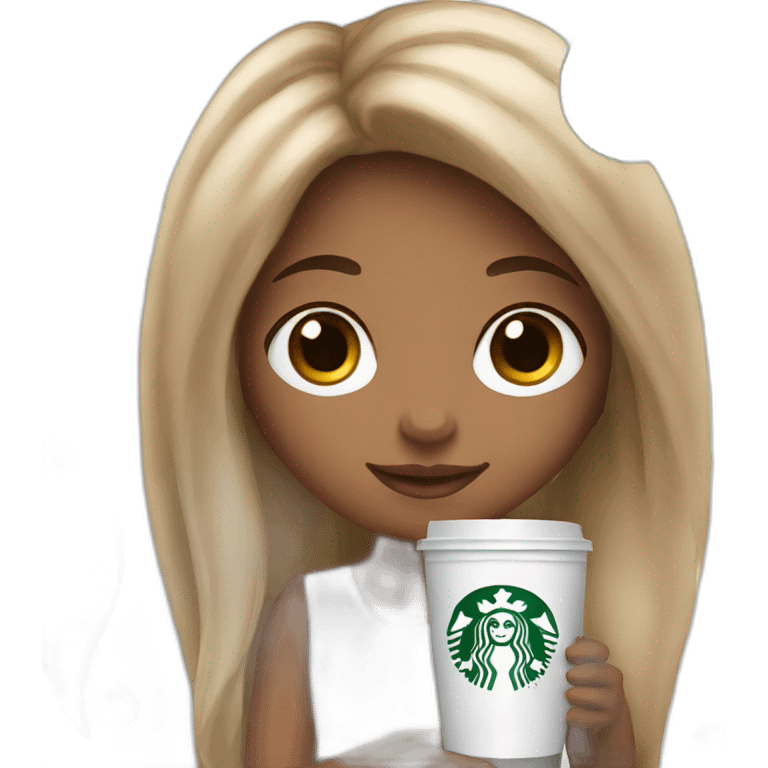 White cute girl with long brown hair holding starbucks drink emoji