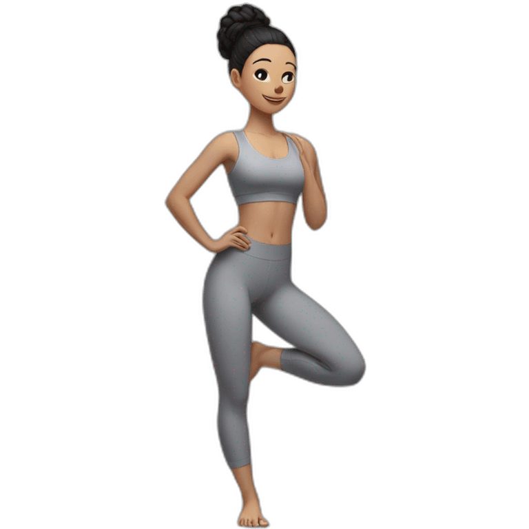 Pale skinned fit woman In a gray tight yoga suit and wristbands With black hair in a bun doing yoga emoji