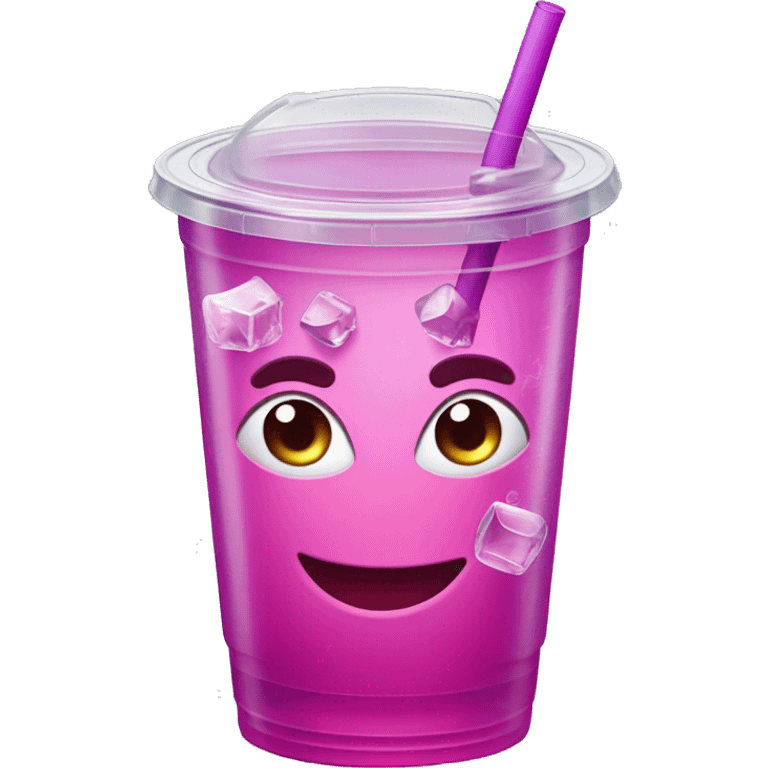 Realistic plastic cup and lid with Transluscent magenta soda and large ice cubes inside and one straw through the top of the lid. emoji