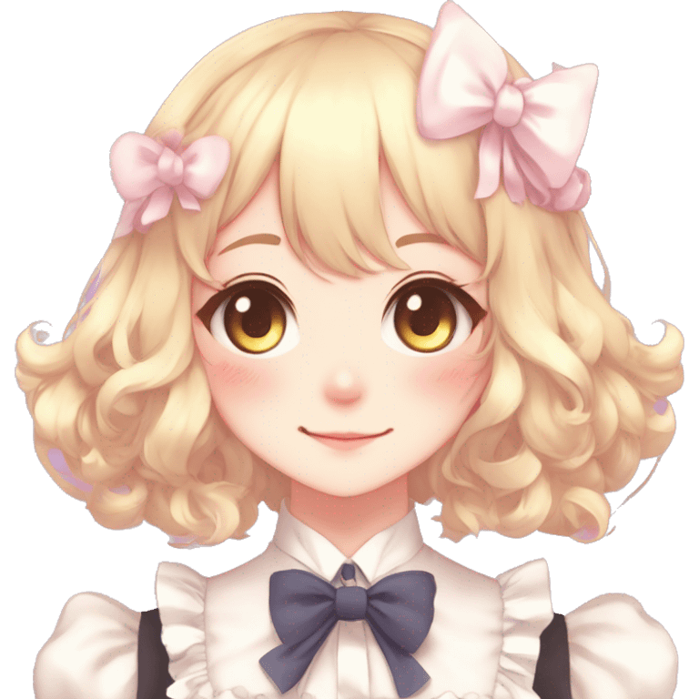 Gorgeous anime style catlady with blushing face with maid outfit bow tie idol model cottagecore shiny colorful pearly petite simplistic aesthetic trending style emoji