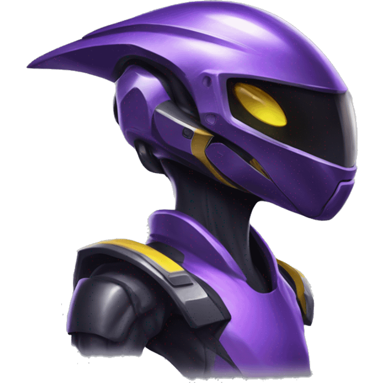 a shiny black-purple-yellow Genesect-Raptor-Fakémon—hybrid with a futuristic visor-helmet full bod emoji