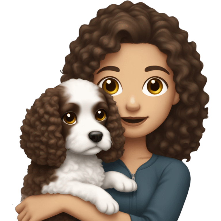 White girl with dark curly hair holding Cavapoo  emoji