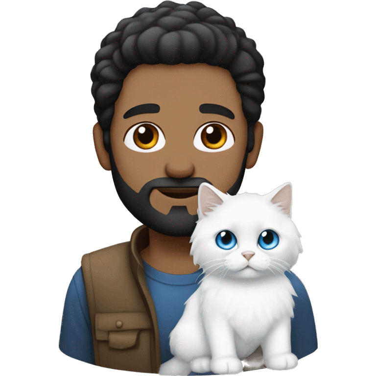 Man with black hair, black beard and holding a all white Siberian cat with blue eyes emoji