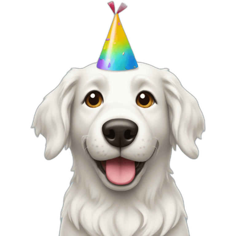 happy white dog with party hat blowing out candles on a cake emoji