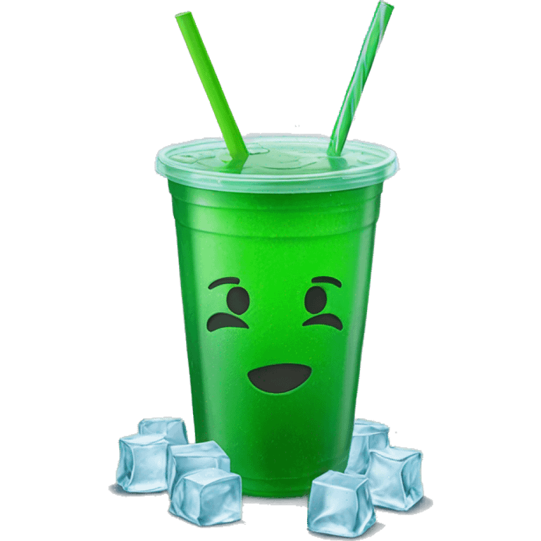 Realistic plastic cup and lid with green soda and large ice cubes inside and straw through the top of the lid. emoji