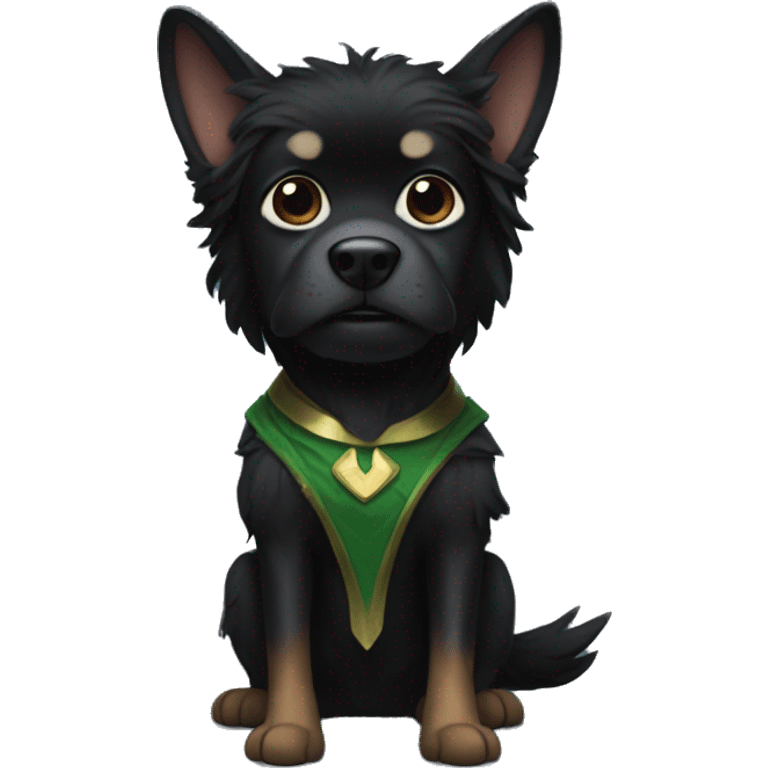 Small hairy black dog with a Loki costume emoji