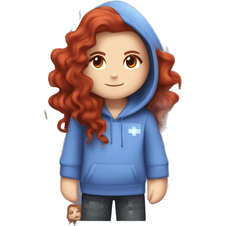 a white girl with long red curly hair, wearing periwinkle Minecraft hoodie playing a videogame smiling emoji