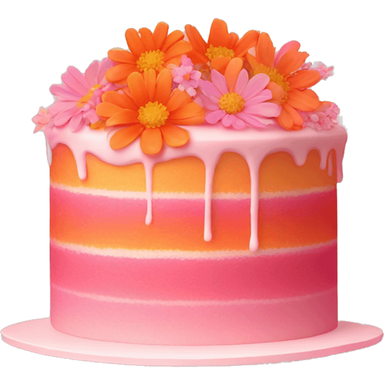 pink and orange cake gradient with light pink wildflowers with orange centete emoji