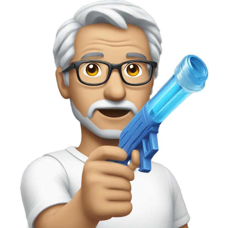 Turkish man with grey hair and protective glasses and white t-shirt aiming a water gun with one hand while standing sideways emoji