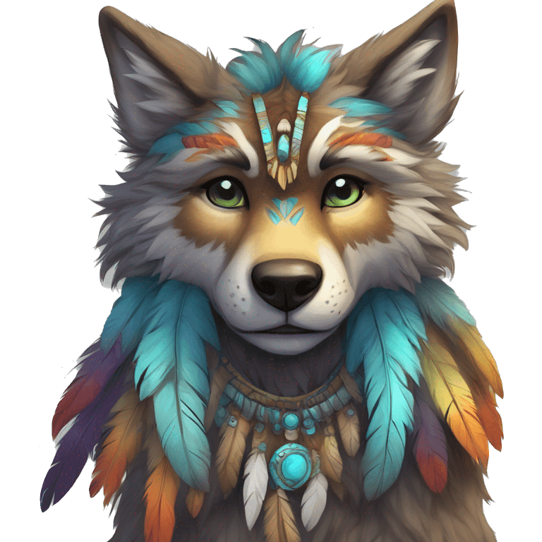 Anthro Fluffy Colorful Shy Spiritual Shamanic WereWolf-sona With Shiny Tribal Markings wearing feathers Full Body Detailed High Quality emoji