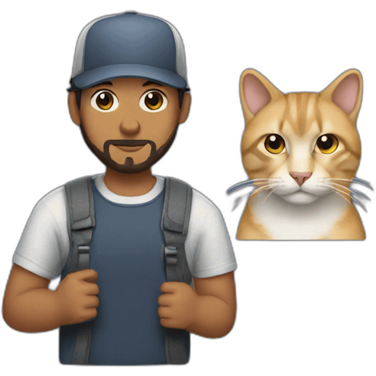 a man with a short beard and a snapback hat holding a big grey cat emoji