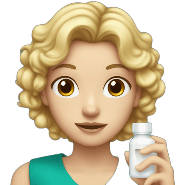 mom with hazel eyes, blond semi curly hair, teal shirt,  holding a small white pill bottle in hand emoji